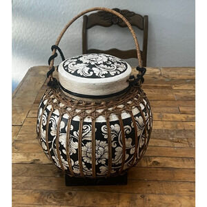 Vintage Thai Lidded Rice Basket With Handle 11.5" Tall Round Black and White
